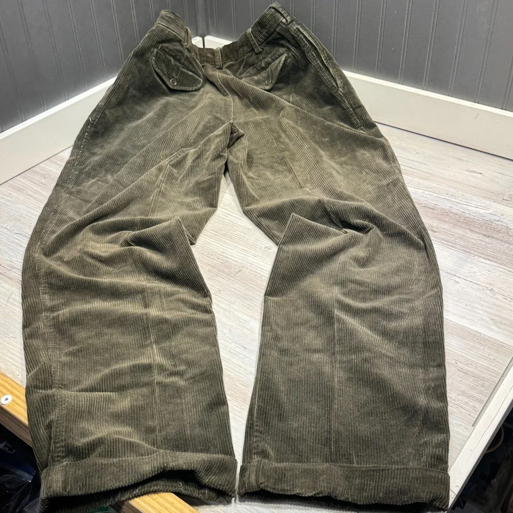 Banana Republic Smithfield Corduroy Pants Sz 38L Pleated Cuffed Hem Olive Baggy
